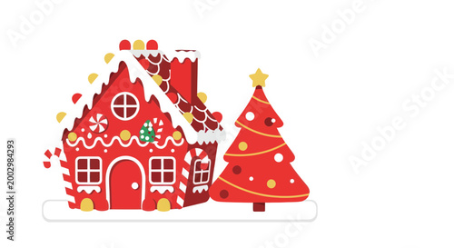 Festive Gingerbread House and Christmas Tree Illustration