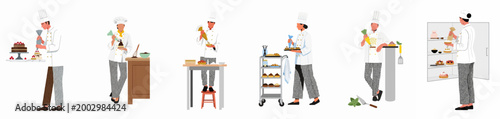 Collection of Professional Pastry Chefs in Uniform Decorating and Preparing Various Delicious Desserts, Flat Vector Illustration Isolated on White