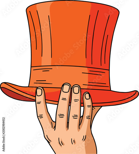 Person Hand Holding a Large Orange Top Hat Comic Vector Illustration