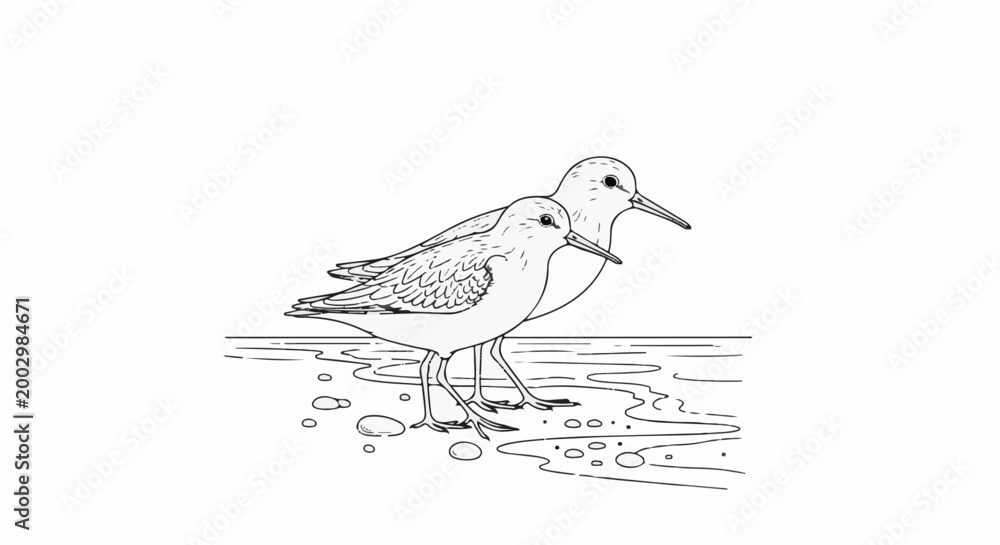 Fototapeta premium Line drawing of two small shorebirds standing on pebbles near water