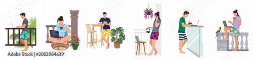 Set of remote workers and digital nomads working from tropical or outdoor locations on laptops, tablets, and smartphones, flat illustration style.
