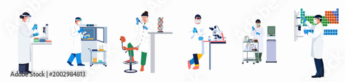 Set of scientists in lab coats and protective gear working in a professional medical or chemical laboratory with specialized equipment, vector illustration.