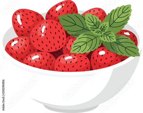Fresh Red Strawberries in White Bowl with Green Mint Leaves Vector