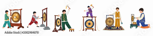 Six Illustrations of Boys in Traditional Chinese Attire Playing Different Types of Ceremonial Gongs, Isolated on a White Background