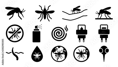 Mosquito and Pest Control Silhouette Icon Set – Insect Bite Repellent Spray Coil Collection