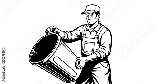 Man Holding Large Trash Bin in Hand Illustration.