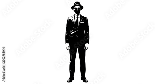 Silhouette of a Man in Formal Suit and Hat Standing.