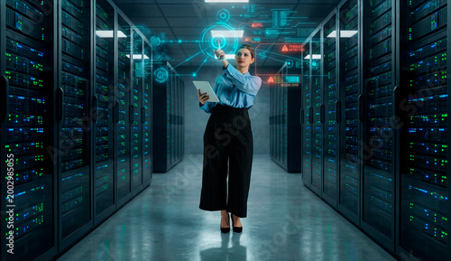 Cybersecurity analyst woman monitoring network threat detection system in server room