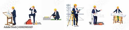 Collection of professional male and female engineers and architects in hard hats and suits working with blueprints, surveying equipment, and construction materials.