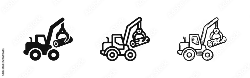 Naklejka premium Forestry Log Loader Vehicle Icon Set Representing Timber Industry and Wood Processing