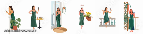 Illustrations of a woman in a green satin dress in various scenes at home, using a smartphone on a balcony and gardening.
