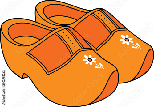 Traditional Orange Dutch Wooden Clogs with White Flower Pattern