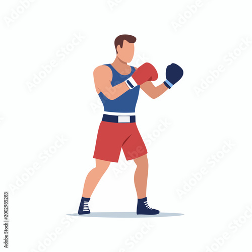 Boxer in fighting stance with red and blue gloves