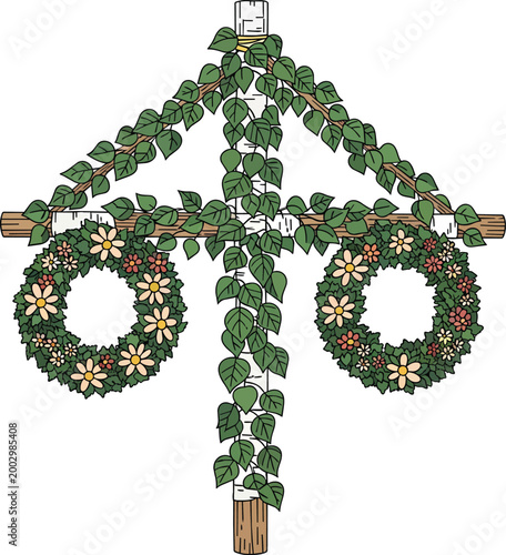 Traditional Swedish Midsummer Pole Decorated with Green Leaves and Wreaths