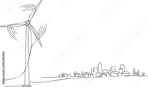 Wind Turbine Generating Clean Energy Powering Town Below, Wind Energy