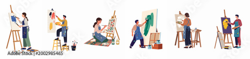 Diverse group of artists painting on canvases in various styles and poses, featuring painters using easels, brushes, and palettes in a creative studio setting.