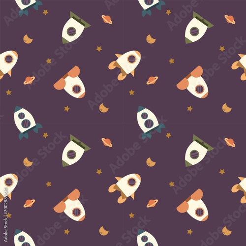 Rocket colorful cartoon so cute. On moon Saturn star purple background. Pattern seamless vector illustration. 