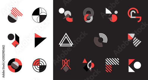 Geometric shapes with red black white.