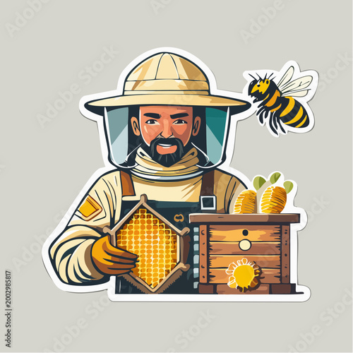 Beekeeper with Honeycomb and Beehive