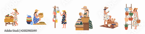 Set of illustrations featuring women shopping for handmade woven baskets and artisanal bags at a local summer market.