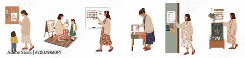 Educational illustrations showing a teacher and children using visual schedules and organized routines for homeschooling and classroom activities.