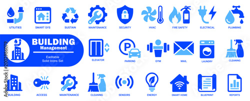 Foto Building management icons set for facility maintenance property operations utilities security hvac fire safety plumbing laundry and smart home systems