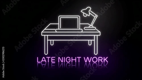 Neon desk, laptop, and lamp with 