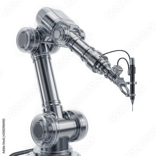 Industrial robotic arm with welding tool on transparent background.