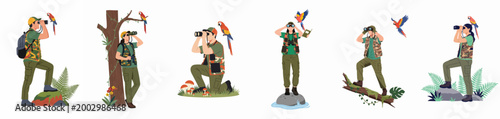 Collection of flat vector illustrations depicting various people birdwatching in nature with binoculars, featuring macaws and forest elements on a white background.