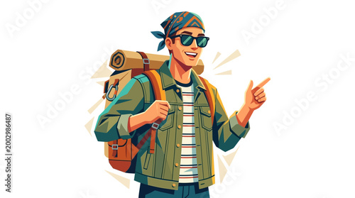 Man with Backpack and Sunglasses Smiling.