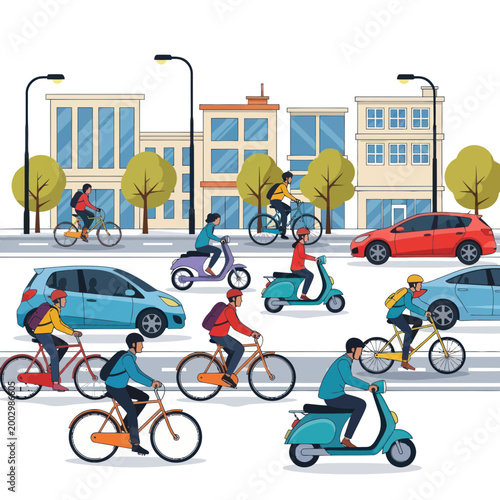Urban transportation scene with cyclists, scooters, and cars on city street