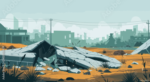 Urban decay and reconstruction, city skyline with ruins and dry landscape
