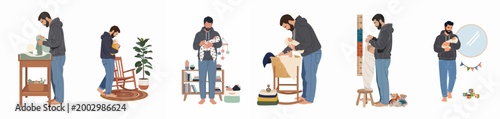 Collection of illustrations showing a loving father caring for his newborn baby in various nursery settings, flat vector style.