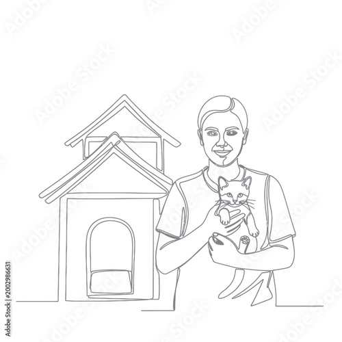 Woman Holding Kitten, Pet House Outline Art