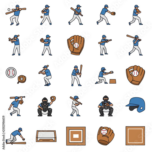 Baseball Player Action Icons Set: Pitching, Batting, Catching & Equipment