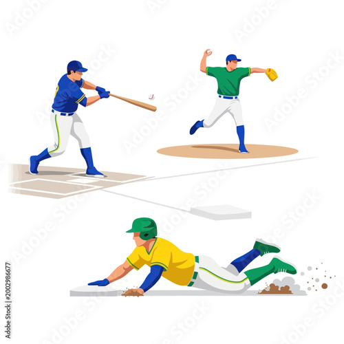 Baseball players in action: batter, pitcher, and runner sliding into base