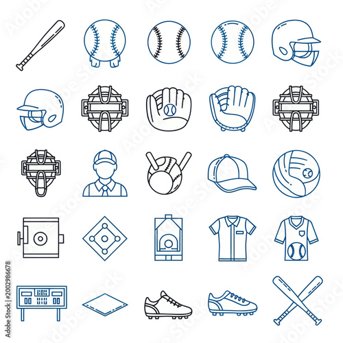 Baseball Equipment Icons: Bat, Balls, Gloves, Helmet, Catcher's Gear, Uniform