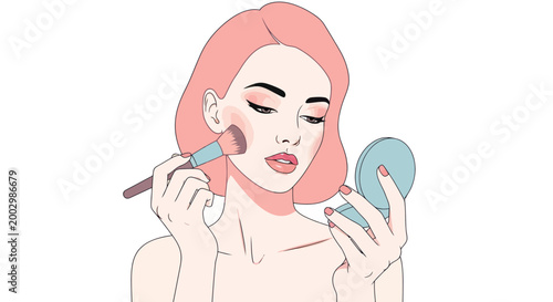 Woman Applying Blush with Brush and Mirror, Beauty and Makeup Illustration