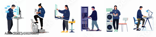 Collection of illustrations depicting young IT professionals, developers, and system administrators working with computers, servers, and data interfaces in a modern workspace.