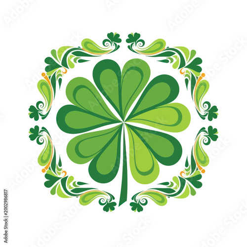 Green Clover Leaf Emblem with Floral Swirls, Irish Symbol