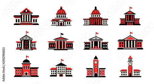 Government Buildings Icon Set: Capitol, Courthouse, University, City Hall Illustrations