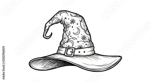 Hand-drawn Witch Hat with Moon and Stars - Black and White Illustration
