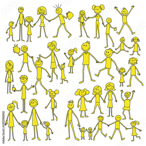 Happy Family Stick Figures Holding Hands, Diverse Groups, Yellow on White Background