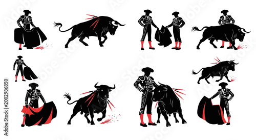 Matador and Bull Silhouettes, Spanish Bullfighting Scene, Dynamic Action Poses