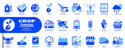 Quadro su tela Biofuel organic export seed plough tractor irrigation fertilizer weather greenhouse harvester silo wheat corn vegetable drone soil test fruit data market truck forklift modern agriculture icons set