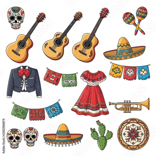 Mexican Fiesta Elements: Guitars, Sombreros, Sugar Skulls, Trumpet, Dress, Maracas