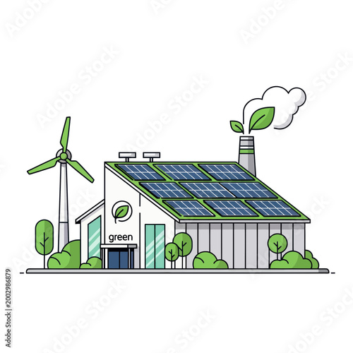 Modern Green Energy Factory with Solar Panels and Wind Turbine