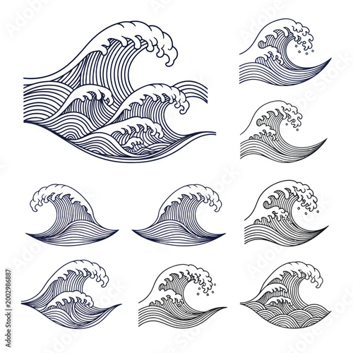 Ocean Waves Illustration Set - Vintage Style Line Art