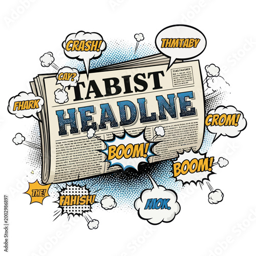 Newspaper Headline with Comic Book Sound Effects and Speech Bubbles