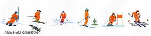 Set of vector illustrations featuring professional alpine skiers in orange outfits performing downhill racing, jumping, and slalom maneuvers on a white background.